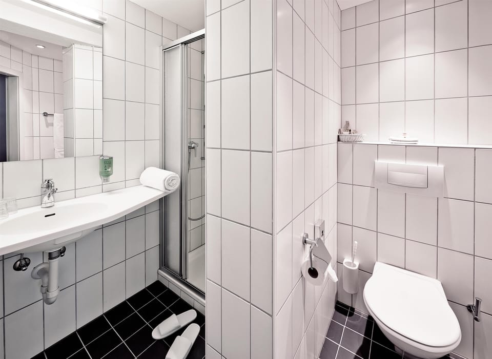 Shower, free toiletries, hair dryer, towels