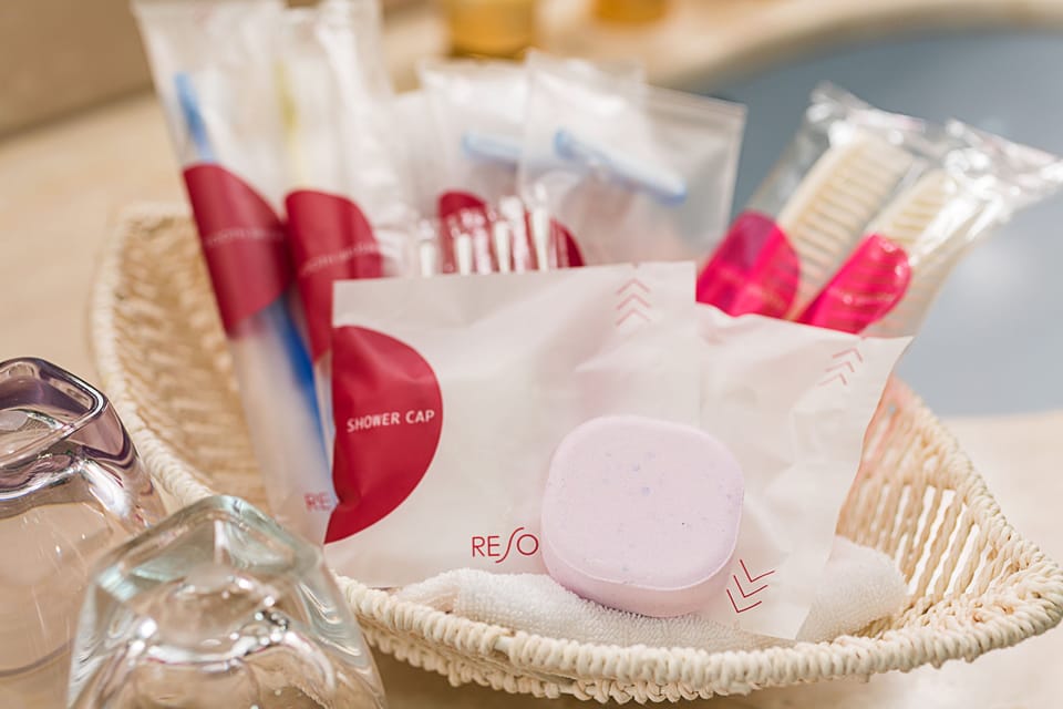 Combined shower/tub, free toiletries, hair dryer, slippers