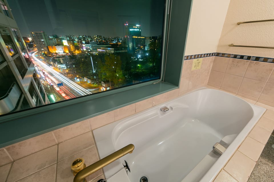 Combined shower/tub, free toiletries, hair dryer, slippers
