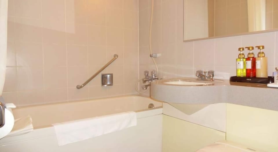 Combined shower/tub, hair dryer, slippers, bidet