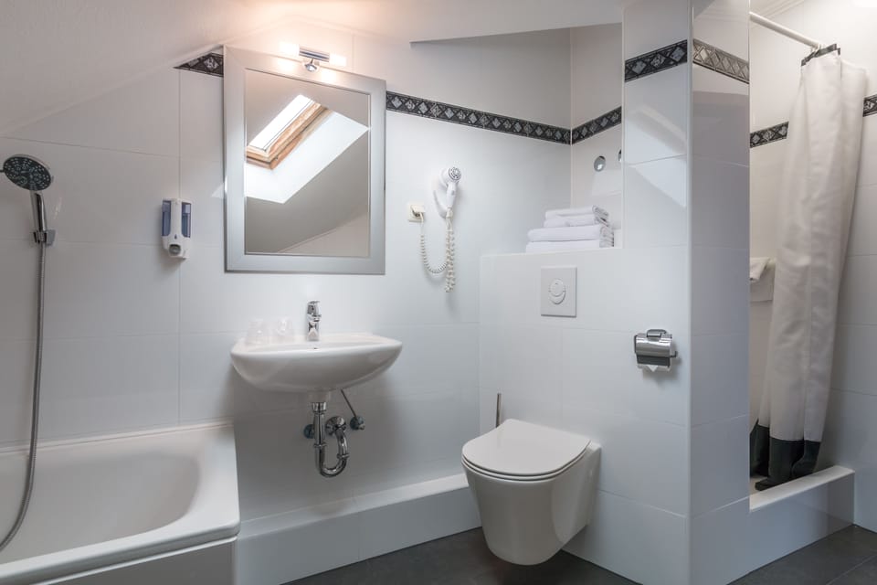 Shower, free toiletries, hair dryer, towels