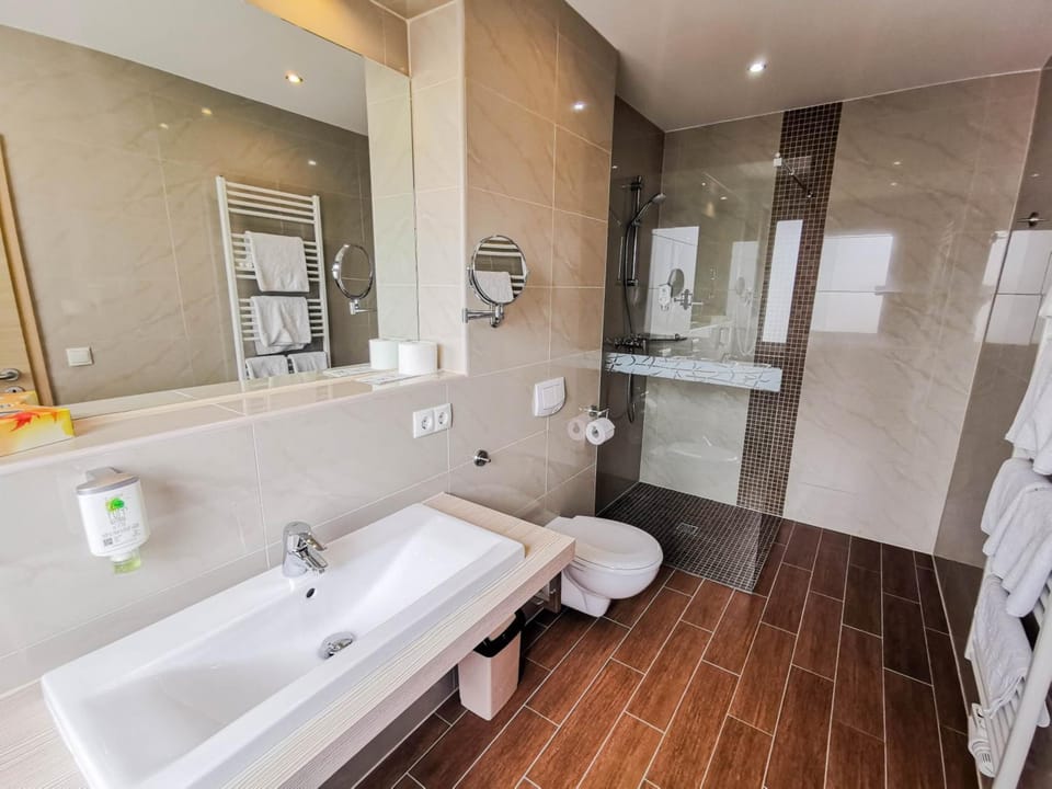 Shower, hair dryer, towels