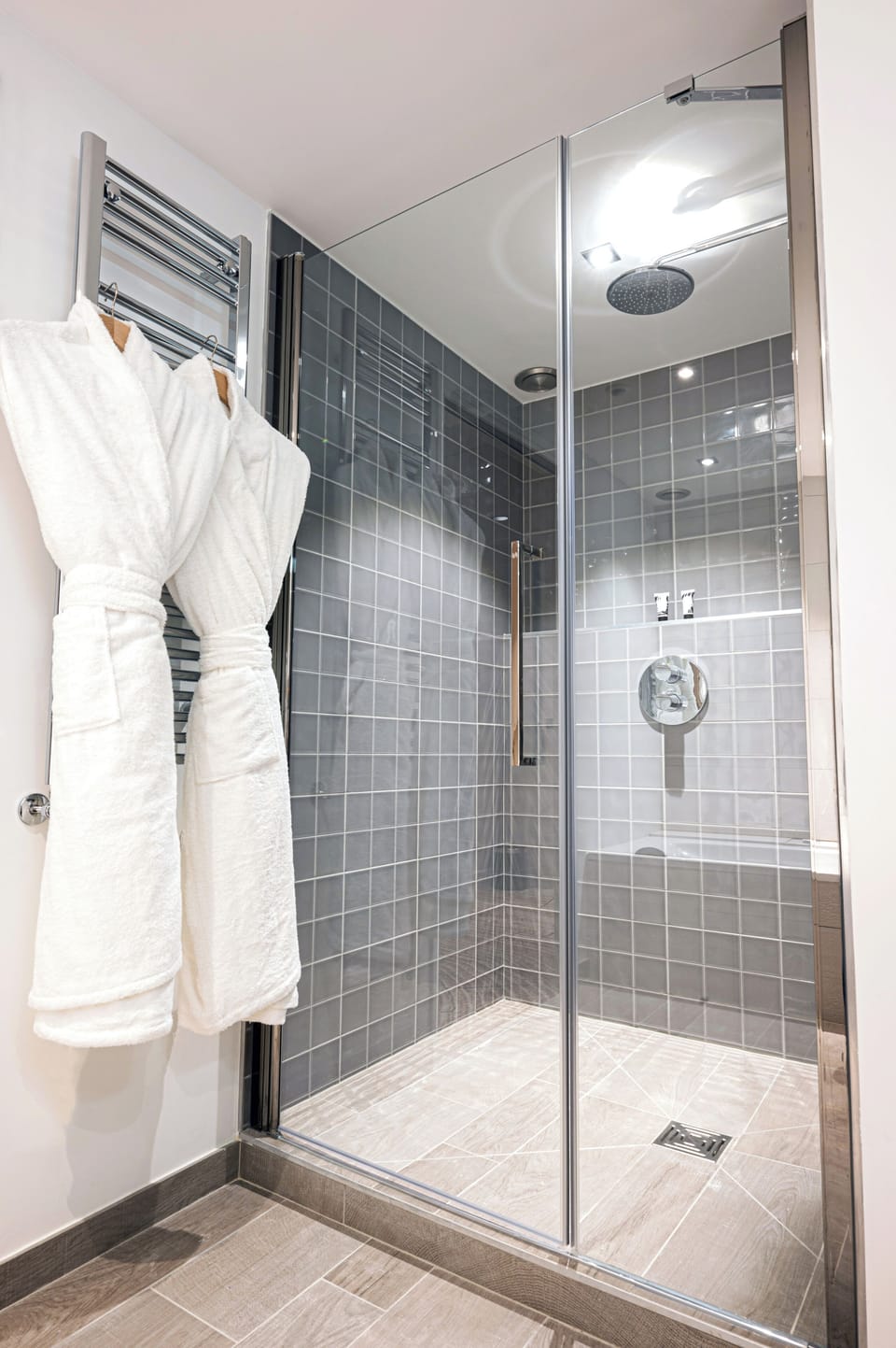 Hair dryer, bathrobes, slippers, towels