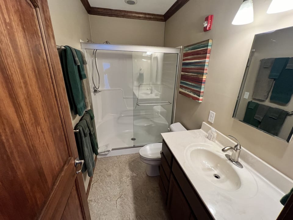 Shower, rainfall showerhead, designer toiletries, towels