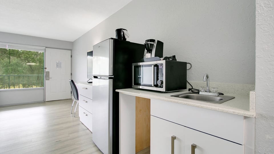 Fridge, microwave, coffee/tea maker