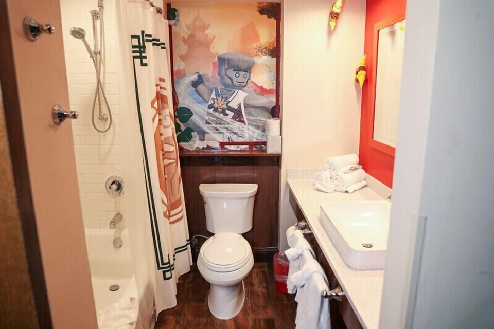 Ninjago Premium Themed | Bathroom | Combined shower/tub, hair dryer, towels, soap