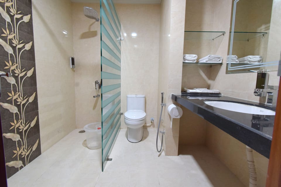 Shower, free toiletries, hair dryer, towels