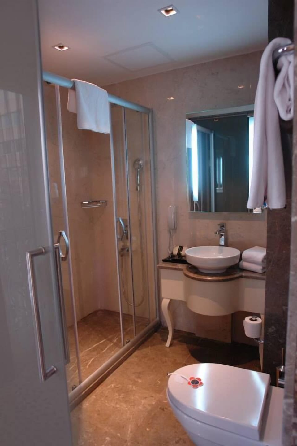 Shower, hair dryer, bathrobes, slippers