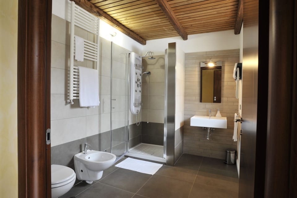 Shower, hydromassage showerhead, free toiletries, hair dryer