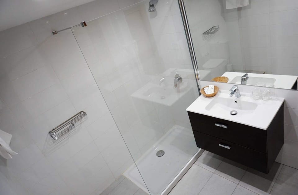 Combined shower/tub, free toiletries, hair dryer, towels