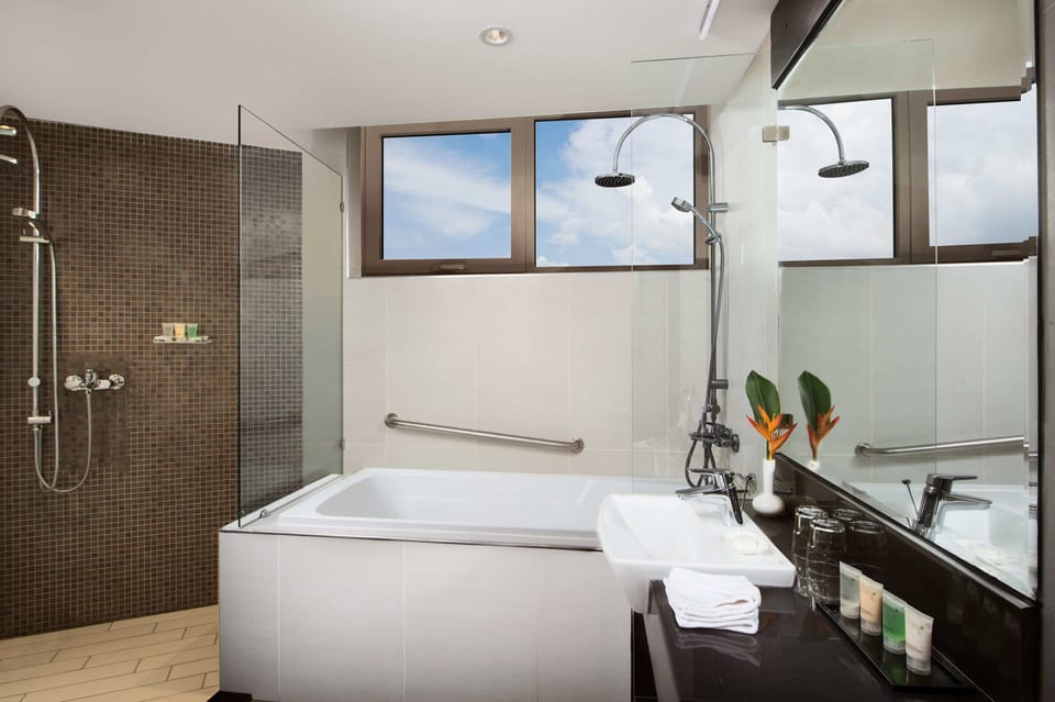 Shower, free toiletries, hair dryer, bathrobes