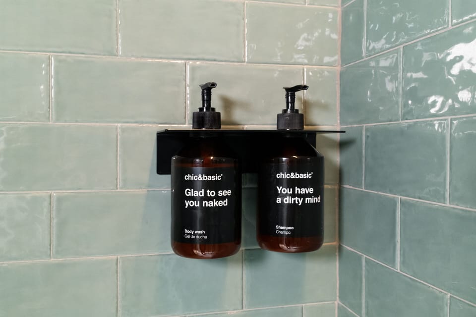 Hair dryer, towels, soap, shampoo