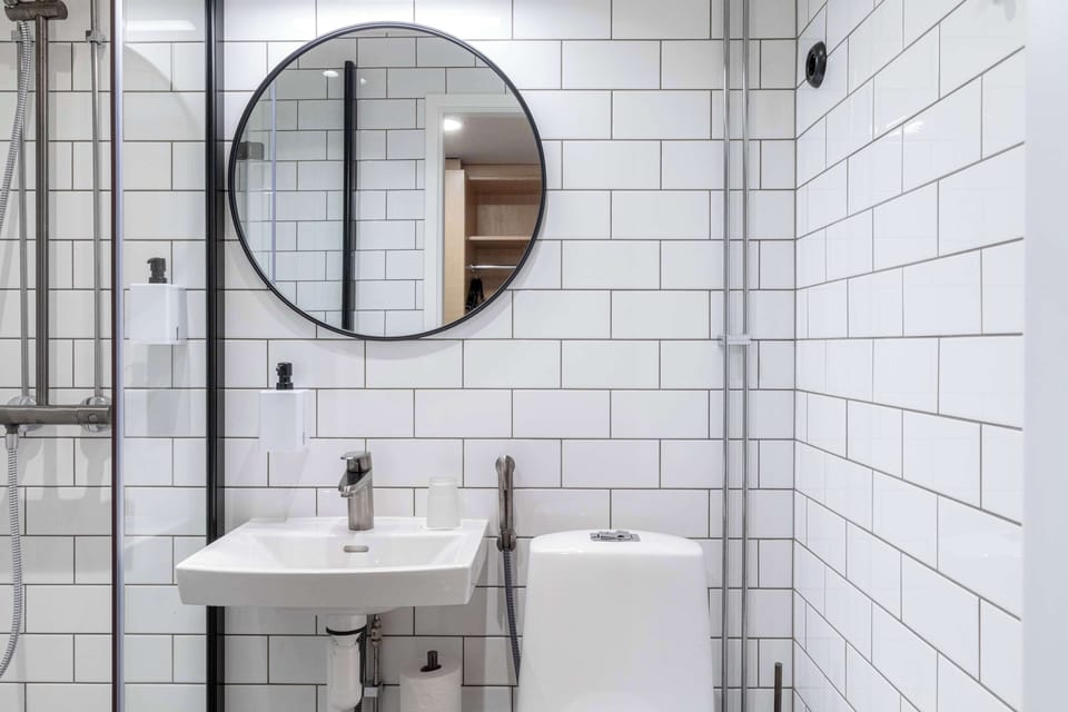Shower, hair dryer, bidet, towels