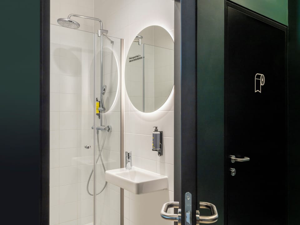 Shower, rainfall showerhead, soap, shampoo