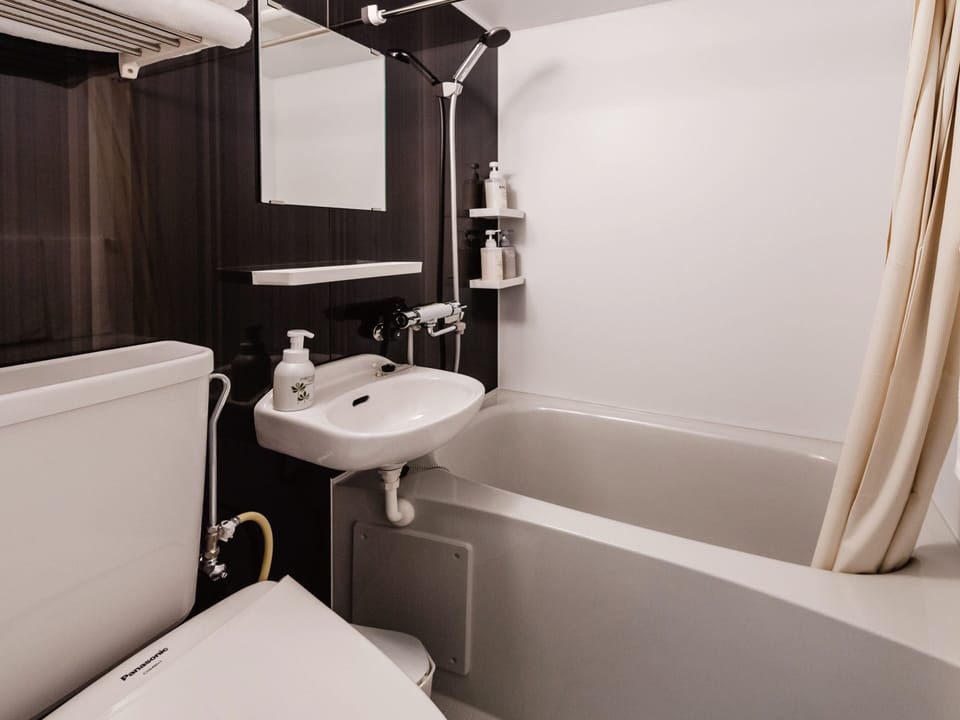 Combined shower/tub, free toiletries, hair dryer, slippers