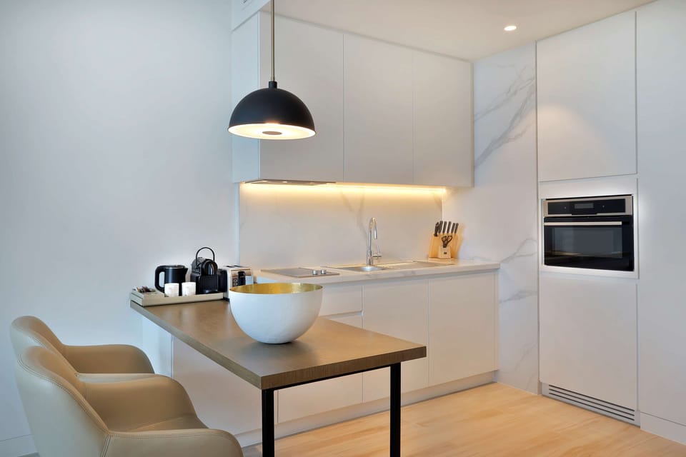 Mini-fridge, oven, coffee/tea maker, electric kettle