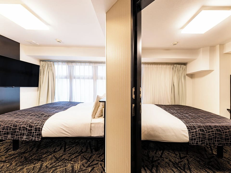 Down comforters, desk, laptop workspace, blackout drapes
