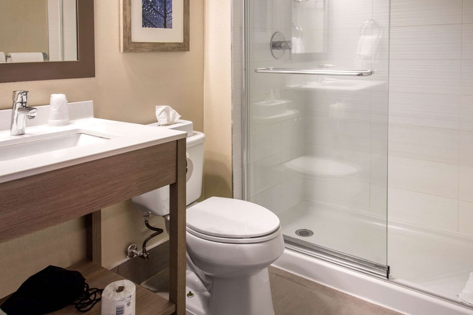 Eco-friendly toiletries, hair dryer, towels, soap