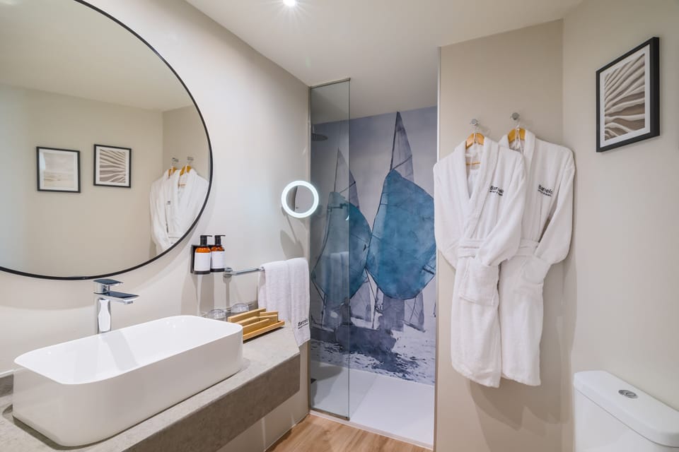 Shower, rainfall showerhead, bathrobes, slippers