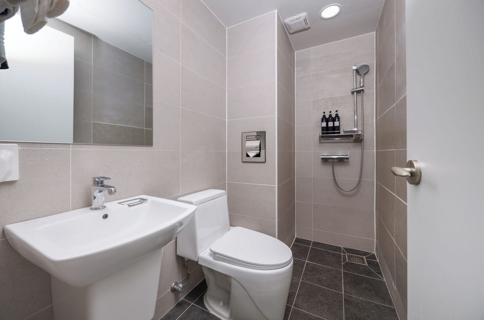 Shower, free toiletries, hair dryer, slippers