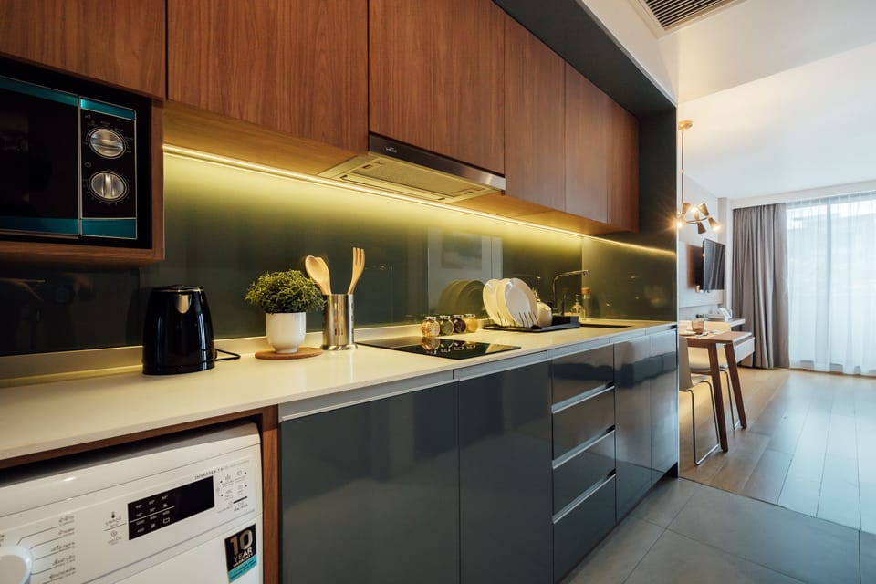 Fridge, microwave, oven, electric kettle