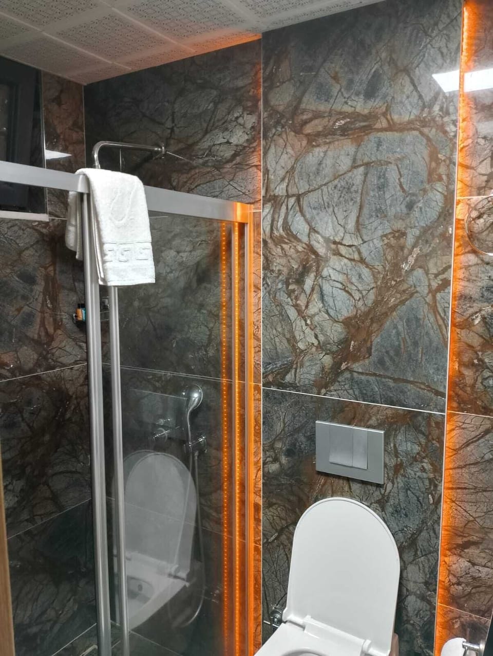 Shower, rainfall showerhead, hair dryer, slippers