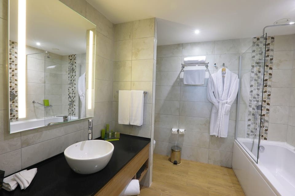 Shower, rainfall showerhead, hair dryer, slippers