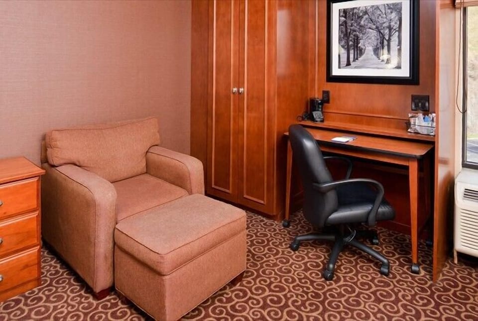 Desk, blackout drapes, soundproofing, iron/ironing board