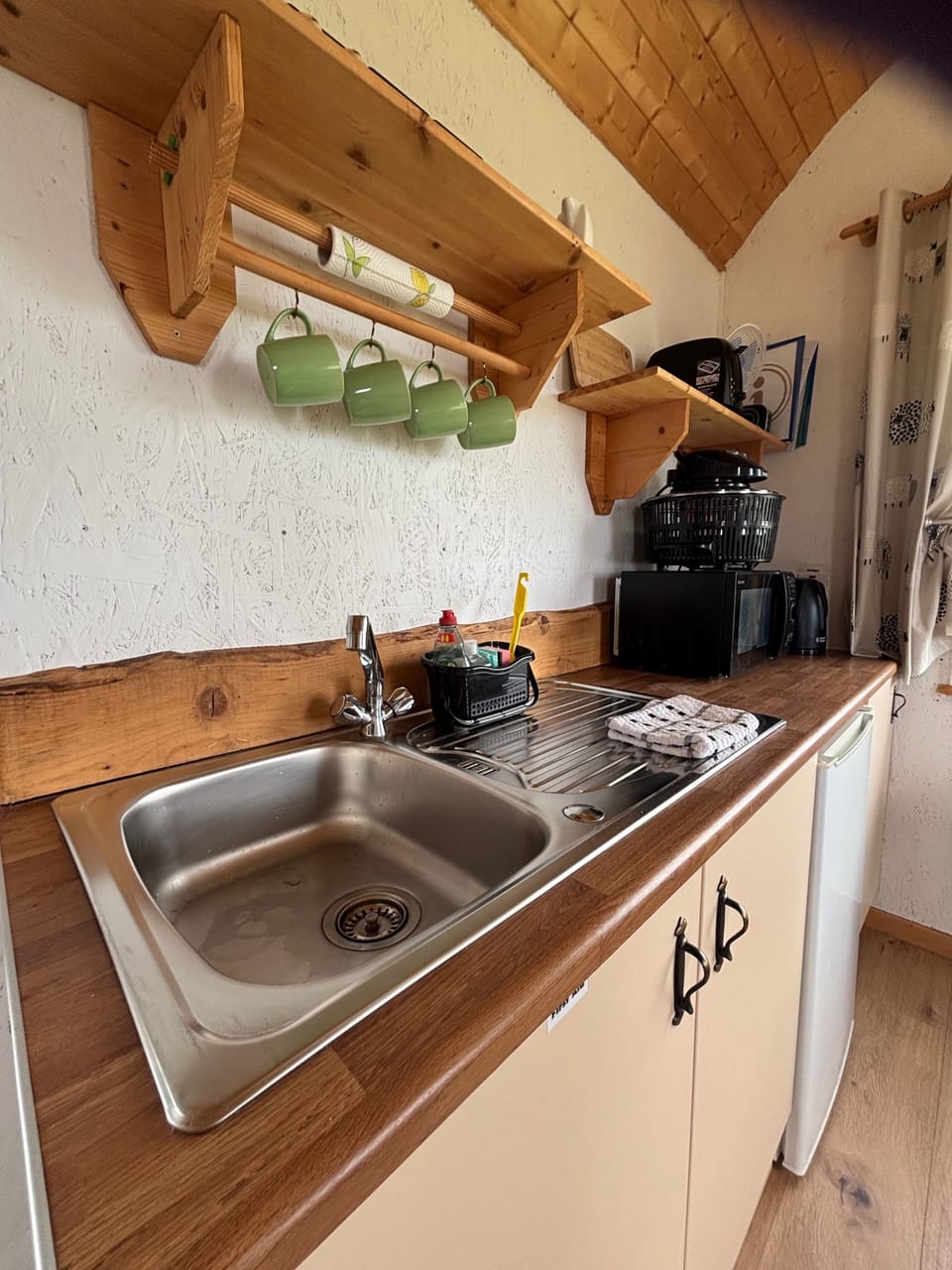 Fridge, microwave, electric kettle, toaster