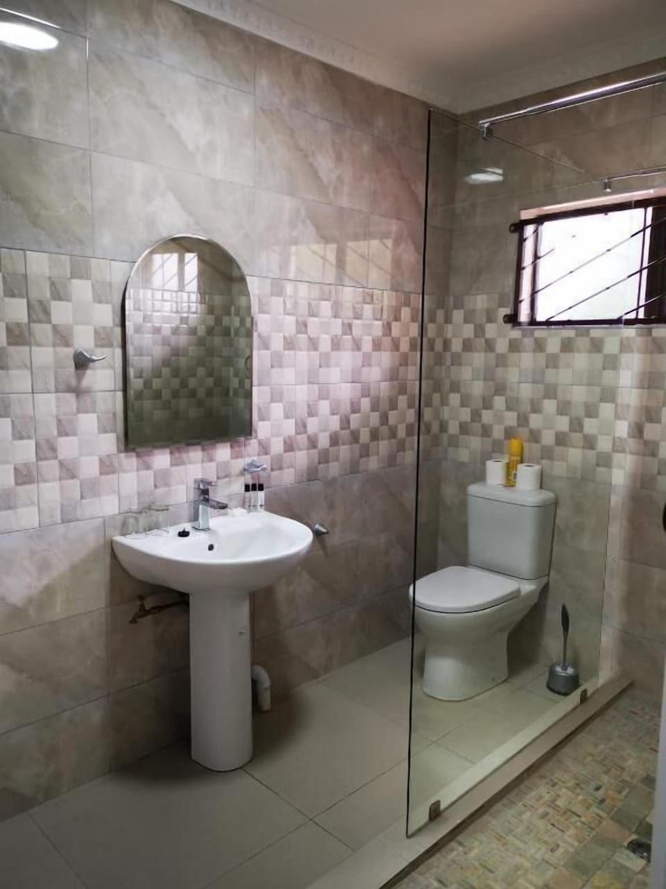 Shower, hair dryer, bidet, towels