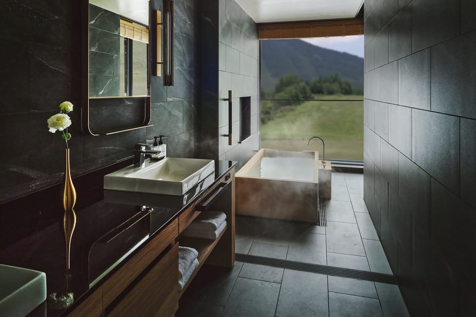 Separate tub and shower, free toiletries, hair dryer, bathrobes