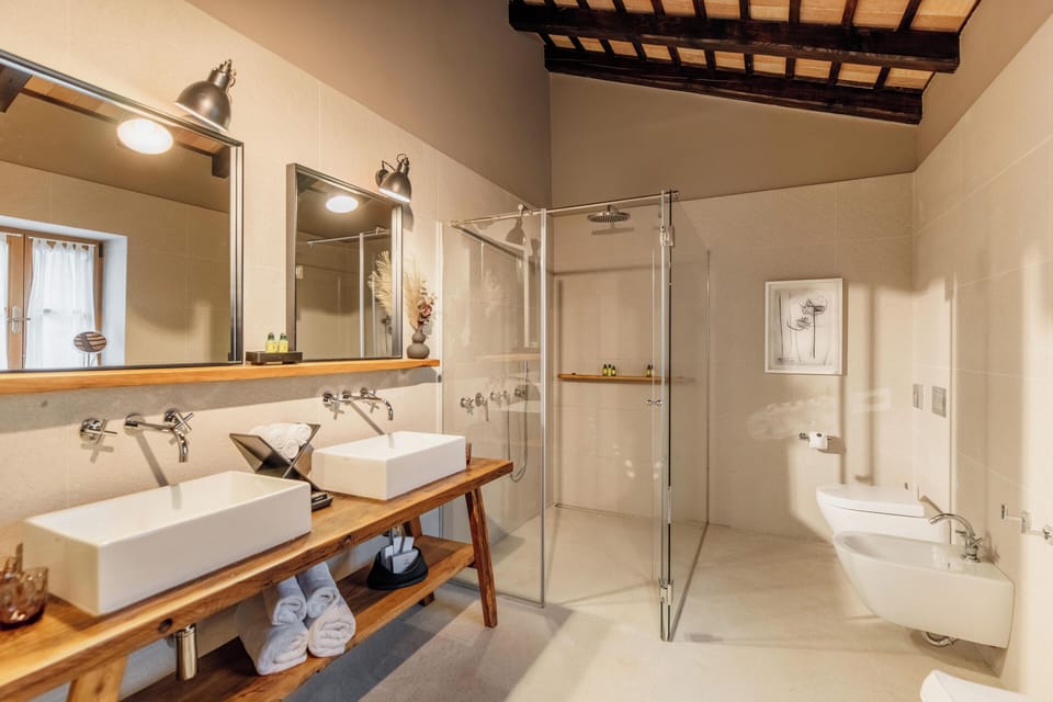 Hydromassage showerhead, free toiletries, hair dryer, bathrobes