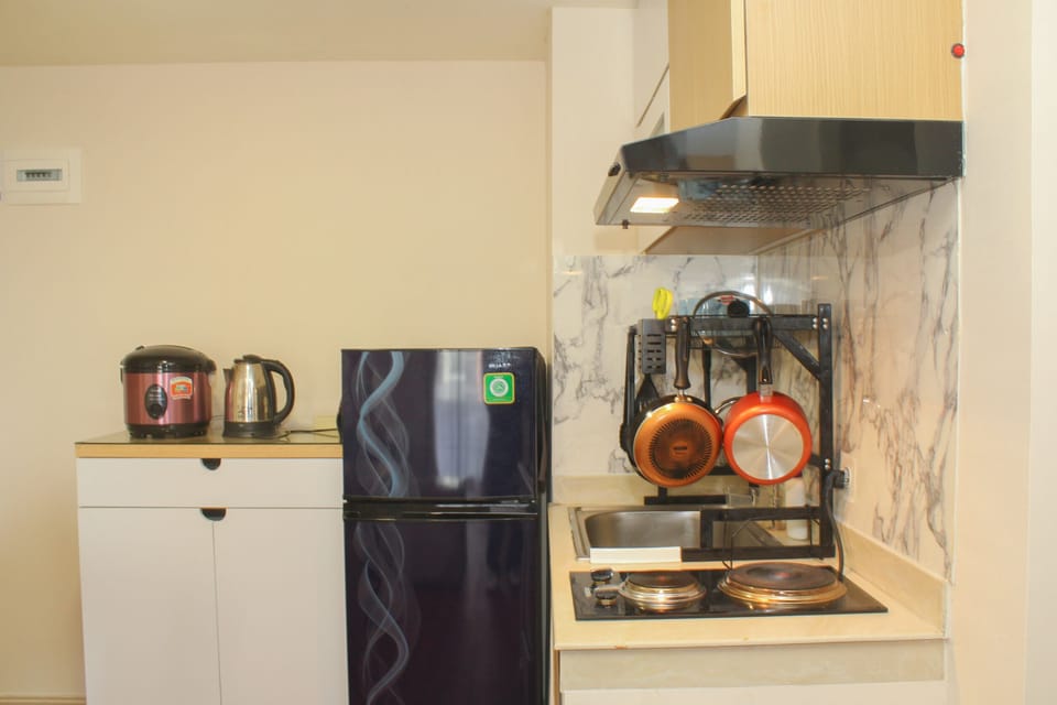 Fridge, stovetop, cookware/dishes/utensils