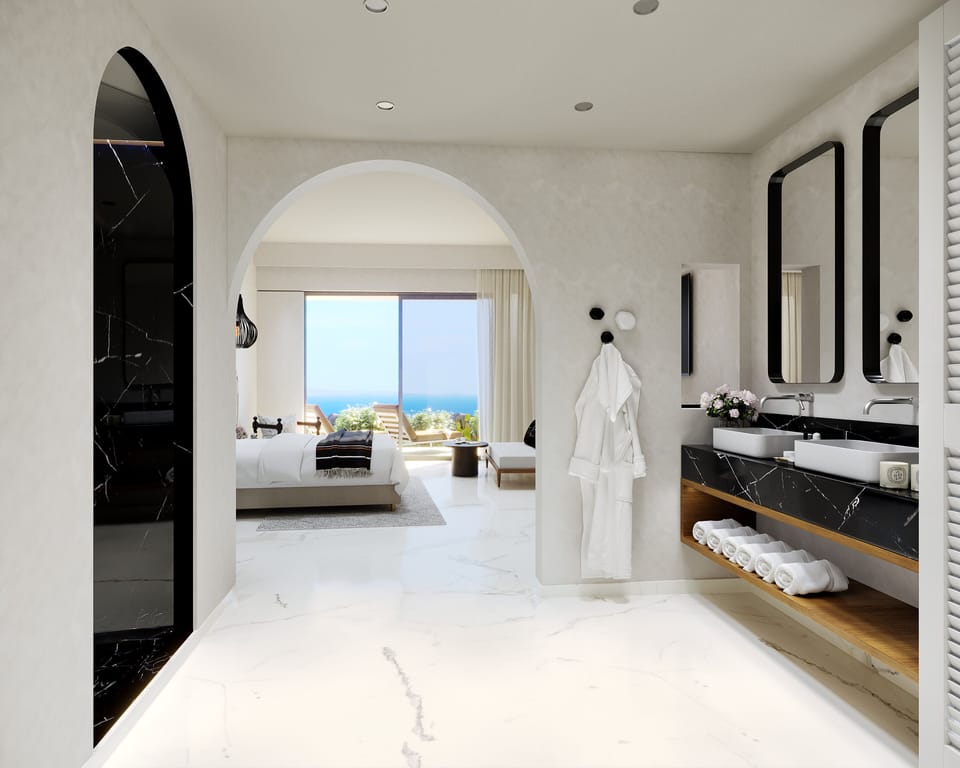Shower, designer toiletries, hair dryer, bathrobes