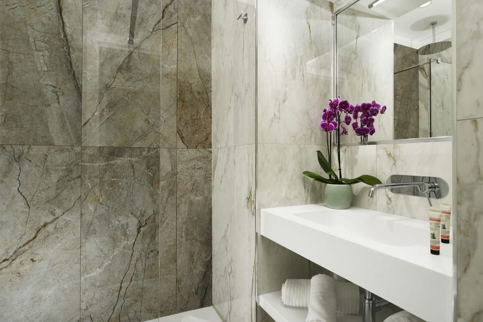 Shower, rainfall showerhead, free toiletries, hair dryer