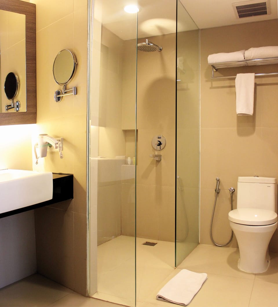 Shower, rainfall showerhead, hair dryer, bathrobes