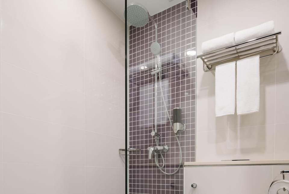Shower, rainfall showerhead, free toiletries, hair dryer
