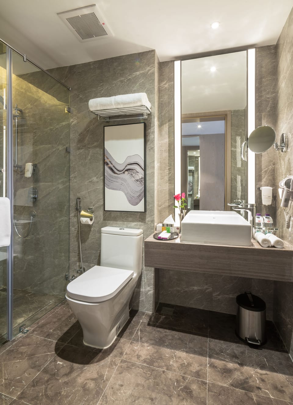 Hair dryer, bathrobes, slippers, towels