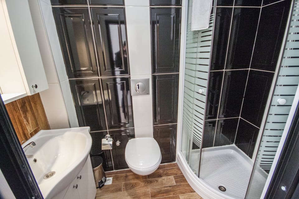 Shower, hair dryer, slippers, towels