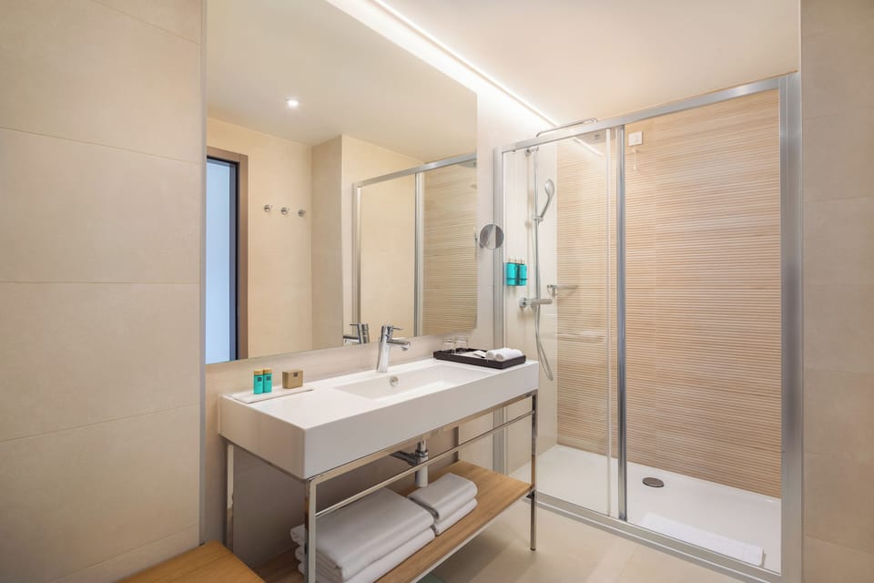 Hair dryer, towels, soap, shampoo