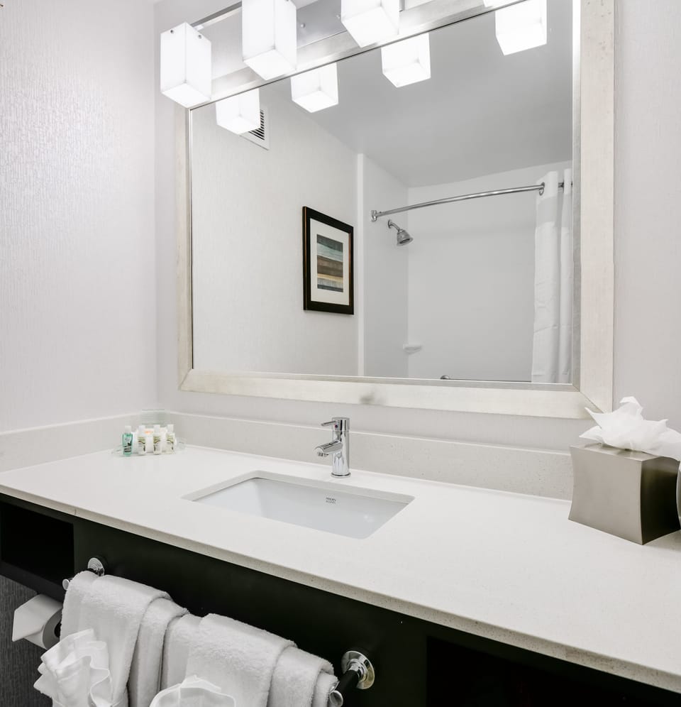Combined shower/tub, eco-friendly toiletries, hair dryer, towels