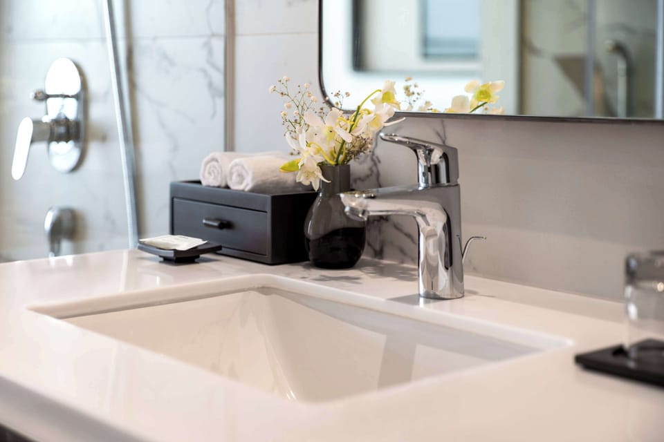 Shower, free toiletries, hair dryer, towels