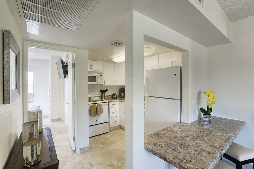 Fridge, oven, coffee/tea maker, toaster