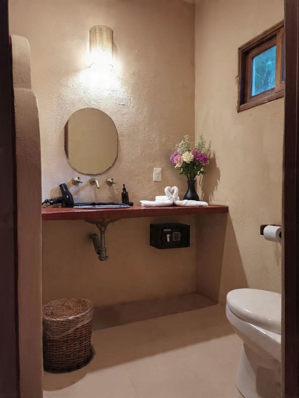 Shower, rainfall showerhead, hair dryer, towels