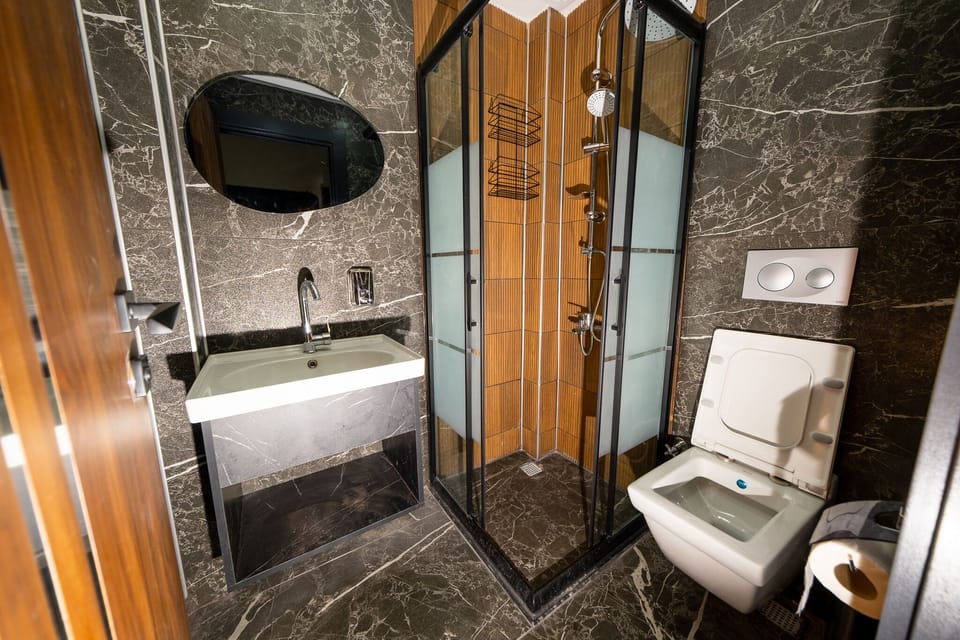 Shower, rainfall showerhead, hair dryer, slippers