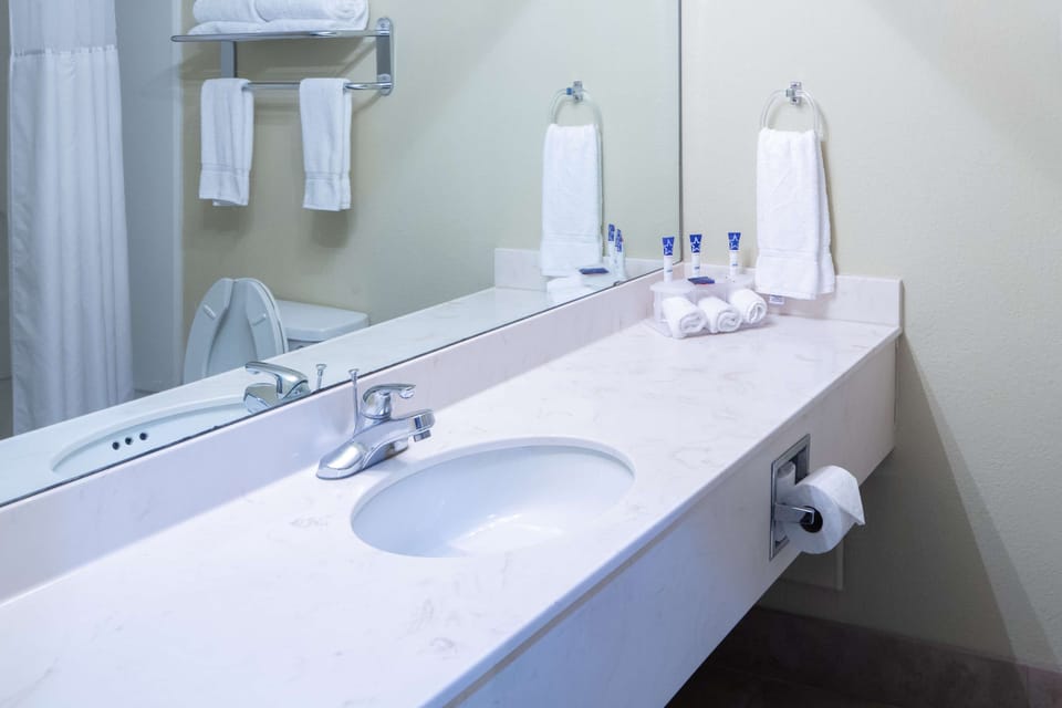 Combined shower/tub, free toiletries, hair dryer, towels