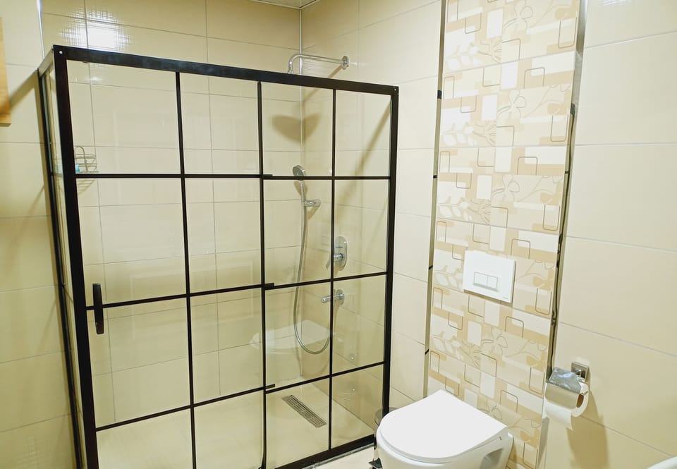 Shower, slippers, towels
