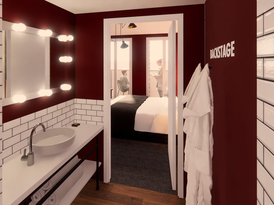 Desk, laptop workspace, blackout drapes, soundproofing