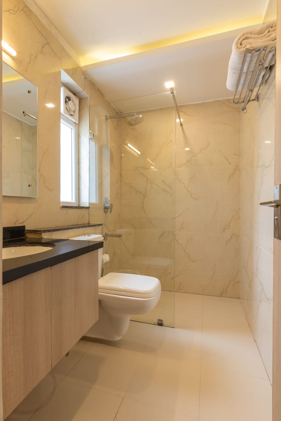 Shower, rainfall showerhead, hair dryer, bathrobes