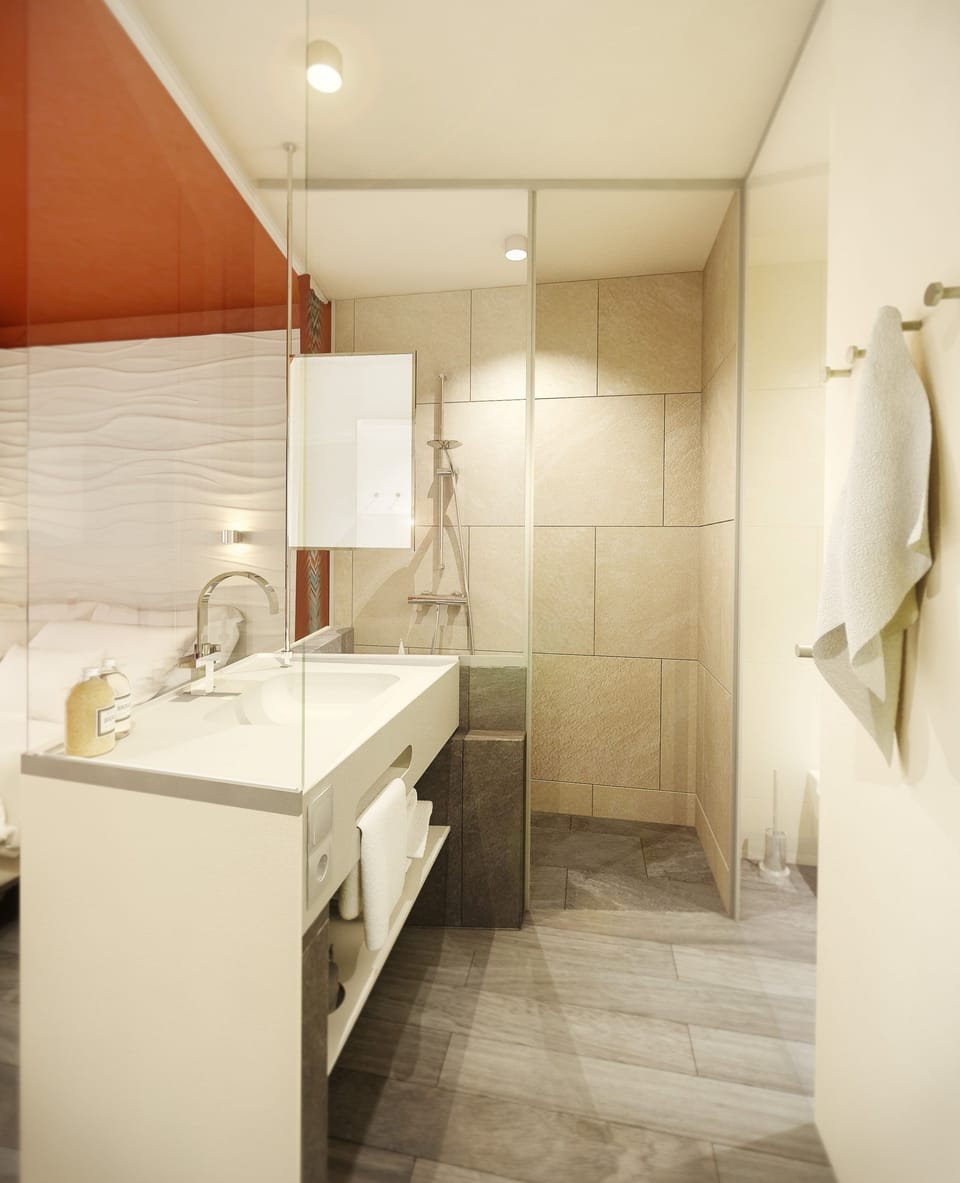 Shower, rainfall showerhead, hair dryer, bathrobes